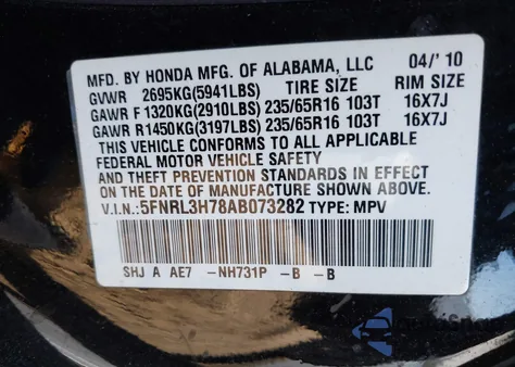 2010 Honda Odyssey Exl from USA, damaged, VIN 5FNRL3H78AB073282